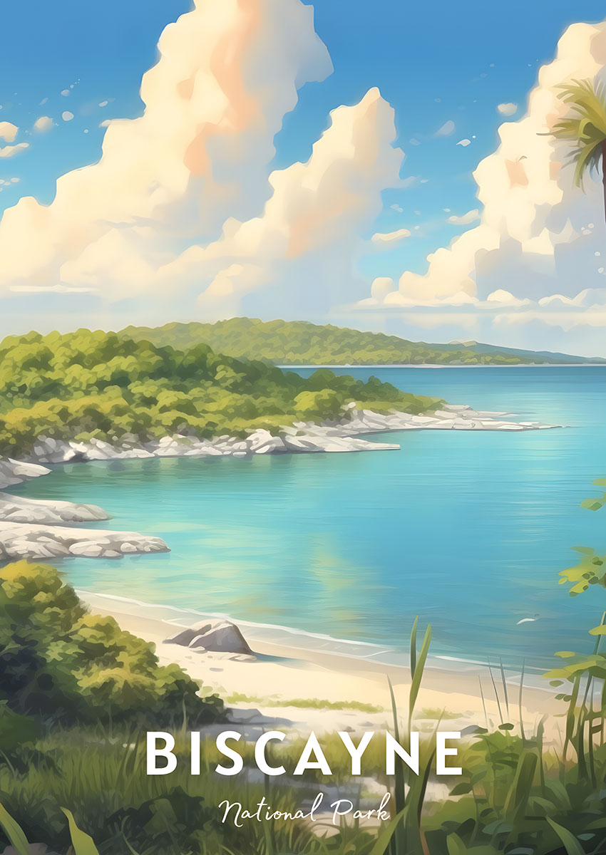 Bright artwork of a tranquil coastal landscape with azure waters and lush greenery.